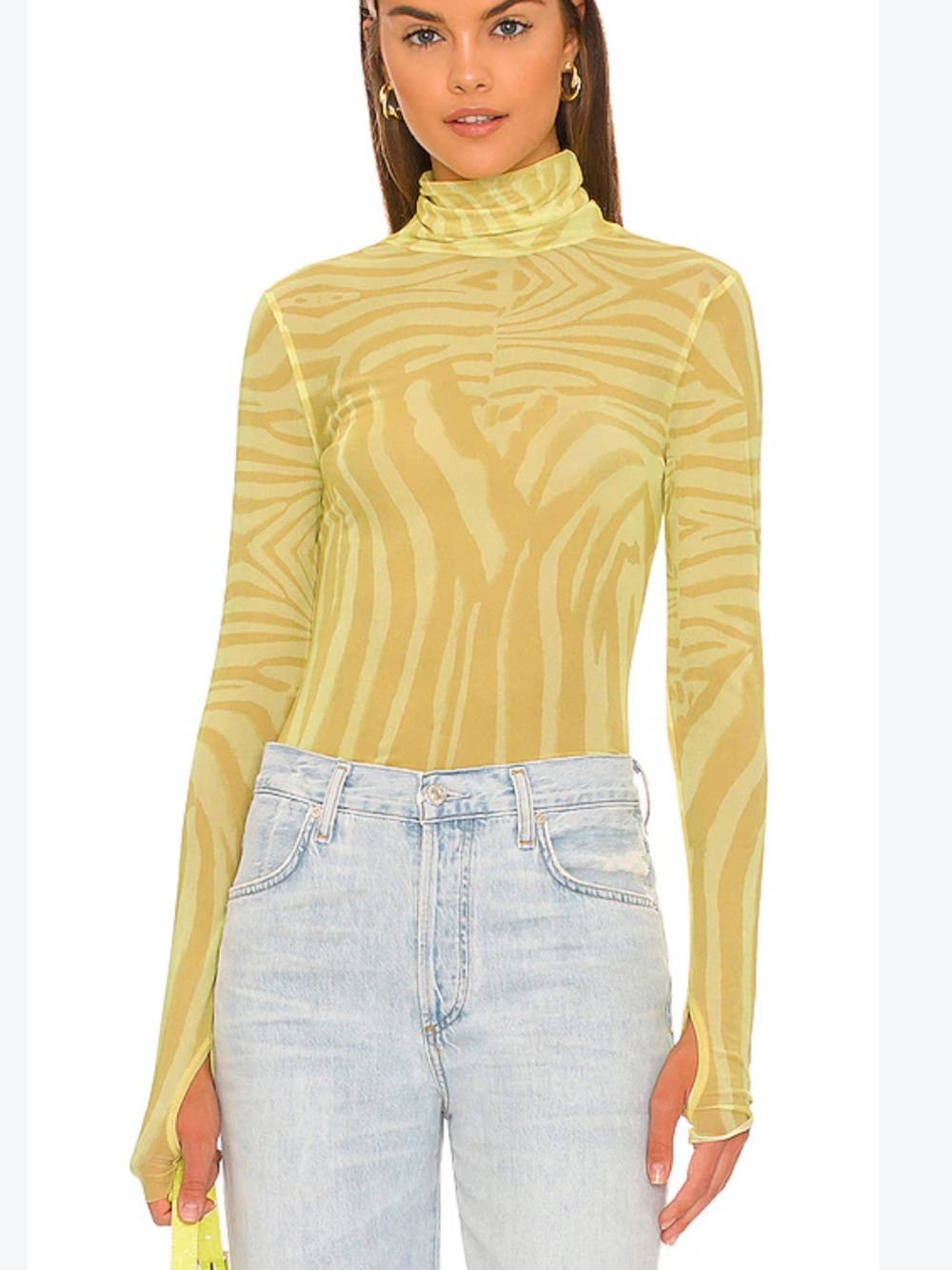 AFRM NWT Zadie Mesh Turtleneck semi-sheer animal print Thumbhole cuff Top
